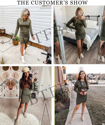 Elegant Women's Long Sleeve Ruched Bodycon Dress with Wrap Front - Casual Fitted Short Dress in Wine Red, Size M